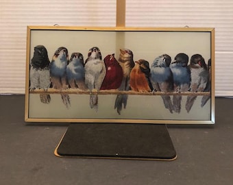 Vintage Stained Glass Suncatcher "Perch of Birds" Hector Giacumelli - 10" x 5"