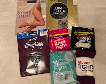 Lot of 7, Vintage Queen Pantyhose, variety of Brands NIP