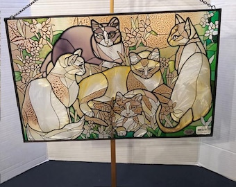 Vintage Joan Baker "Tiffany Cats" Stained Glass Suncatcher (17x11)