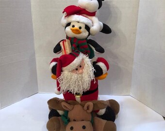 Vintage Kurt Adler Christmas Stackable Plush Santa Reindeer Snowman Penguin 20"H