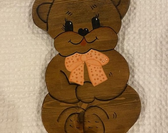 Vintage Handmade Wooden Teddy Bear with Hanger Rustic Country Folk Art Cottagecore