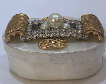 Vintage MCM Art Deco Design Capiz Shell Oval Trinket Jewelry Box Faux Rhinestone & Pearl