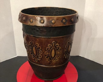 Vintage Rustic Metal Planter Cache Pot Wastebasket Copper Bronze Embossed Medallions