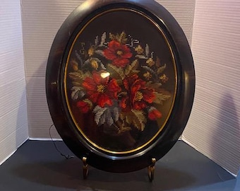 Vintage Needlepoint Cross Stitch Embroidered Art Floral Oval Frame 14 x 17