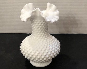 Vintage Fenton Milk Glass Hobnail Ruffled Top Vase