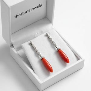 925 Silver Orange Coral Drop Earrings, Art Deco Antique Dangle Earrings, Vintage Coral Long Earrings for Women, Delicate Estate Jewelry