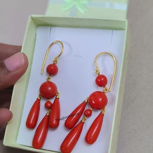 Antique Vinatge Orange Coral Dangle Drop Earring ,Art Deco Coral Earring ,14k Yellow Gold Plated, Sterling Silver , Coral Earring ,