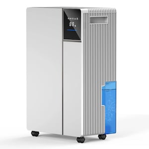 May include: A white air purifier with a digital display showing 88%. The unit has a vertical design with a section of vertical lines and a clear blue water reservoir. It sits on four black wheels.