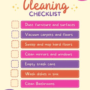 May include: A colorful cleaning checklist with the word "Cleaning" in a script font. The checklist includes tasks like dusting furniture, vacuuming carpets, and washing dishes. The background is light yellow with decorative shapes.