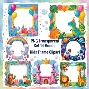 Birthday Kids Photo Frames Invitation Borders 14 PNG, Animal Space Unicorn Clipart, Sublimation Frame Bundle, Baby Shower Party Graphics