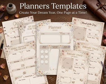 May include: A collection of beige and floral-themed planner templates. The templates include sections for daily, weekly, and yearly planning, as well as a friend's diary and mood tracker. The text "Planners Templates" is at the top.
