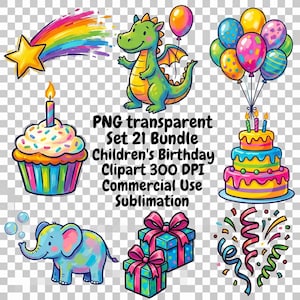 Pode incluir: Uma coleção de clipart digital com uma estrela amarela com rastro de arco-íris, um dragão verde com um balão, um cupcake com vela, um bolo de aniversário de três andares, um elefante colorido, dois presentes e confetes com o texto PNG transparent Set 21 Bundle Children's Birthday Clipart 300 DPI Commercial Use Sublimation.
