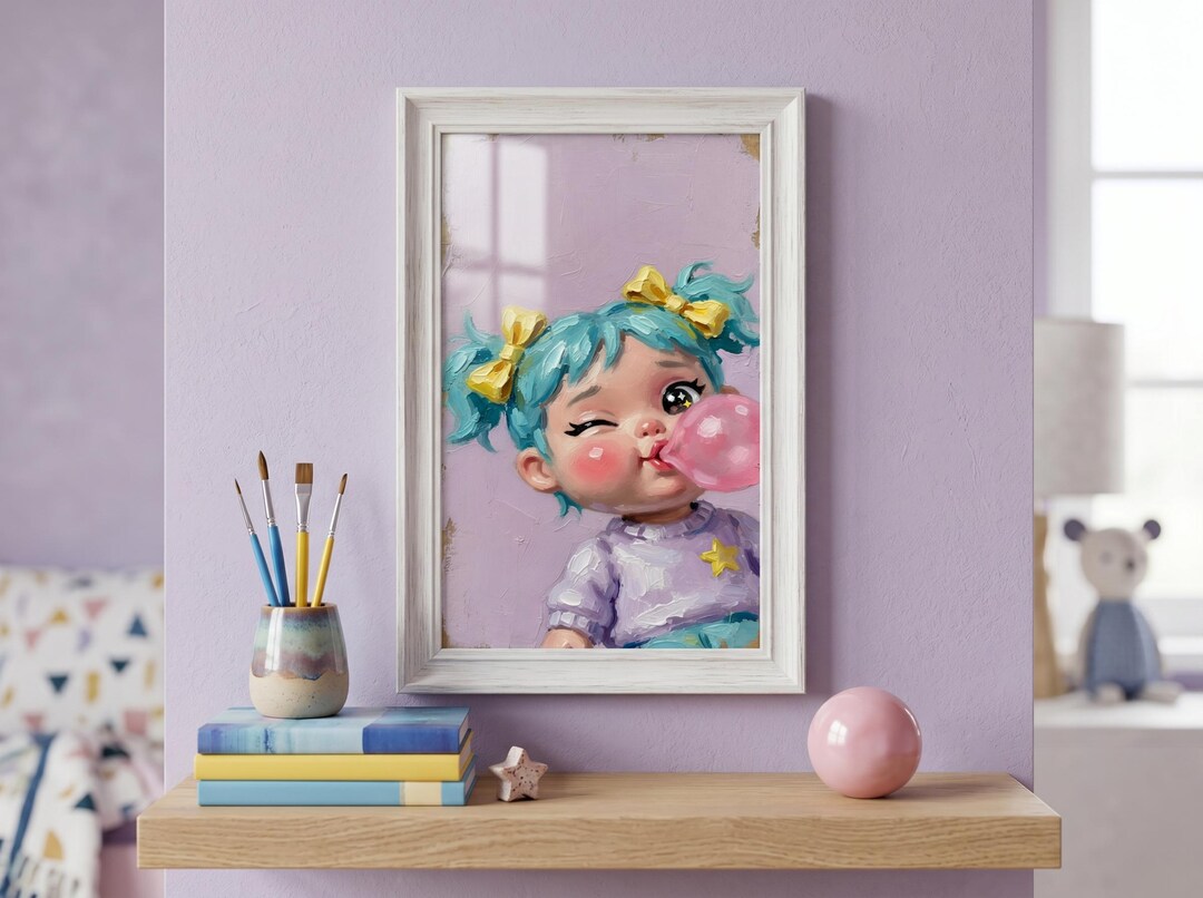 Cute Bubblegum Girl Wall Art, Kawaii Doll Impasto Oil Painting Print ...
