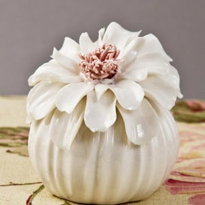 May include: A white ceramic decorative jar shaped like a flower. The jar has a round base with vertical ridges and is topped with large, overlapping petals. The center of the flower is a textured, light pink color.