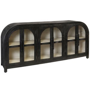 May include: A black wooden cabinet with glass doors. The cabinet has an arched top and five glass-paned doors. The interior is a light color, and the cabinet has a distressed finish. The cabinet is a long, low style.