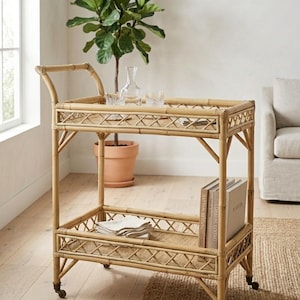 May include: A natural bamboo bar cart with two shelves and a handle. The cart has a woven design on the sides and shelves. It holds a decanter, two glasses, and books. The cart is on wheels and sits on a light wood floor.