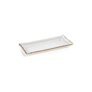 May include: A rectangular clear glass serving tray featuring a textured surface and a decorative metallic gold rim. The tray has a shallow basin and a slightly raised edge, showcasing a clean, transparent design with a distinct gold border.
