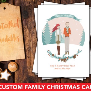 custom family christmas card, custom illustrated family portrait christmas cards, custom family picture  holiday card, custom christmas card