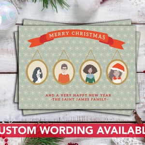 custom family christmas card, custom illustrated family portrait christmas cards, custom family picture  holiday card, custom christmas card