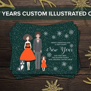 custom family, new years card, custom illustrated, family portrait, new years cards, 2018 card, 2018 new year, portrait holiday card