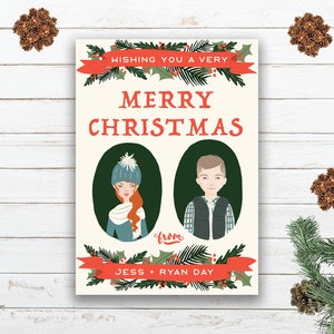 custom illustrated family portrait christmas card, couple holiday card illustration, newlywed holiday card, couple drawing christmas cards
