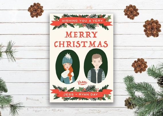 Custom Illustrated Family Portrait Christmas Card Couple Holiday Card Illustration Newlywed Holiday Card Couple Drawing Christmas Cards