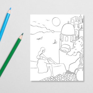 Coloring Sheet of Greek Islands, Santorini, Greece, Girl in Greece, Adult Coloring Sheet, Digital Download