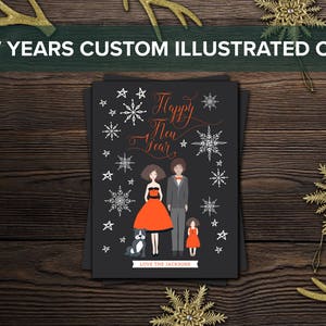 custom family, new years card, custom illustrated, family portrait, new years cards, 2018 card, 2018 new year, portrait holiday card