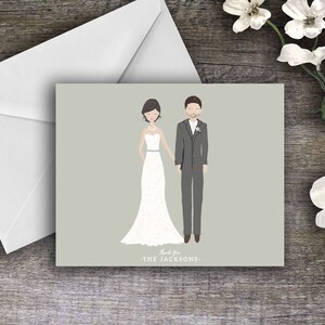 wedding thank you card, illustrated thank you cards, illustrated bridal couple, paper anniversary gift, valentines day couple portrait,