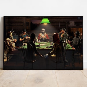 Puede incluir: Impresión enmarcada que representa una partida de póquer con seis jugadores alrededor de una mesa verde. Los jugadores visten diversos disfraces, incluyendo un esqueleto, una figura con capucha roja y una persona con máscara de gas. La escena se desarrolla en una cabaña rústica.