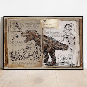 May include: A framed print depicting a Tyrannosaurus Rex, with sketches and handwritten notes. The artwork is in a vintage style, with a brown and beige colour palette, and includes the text "REX".