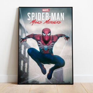 May include: Marvel Spider-Man Miles Morales poster. The poster features Spider-Man in a dynamic pose, wearing a red and blue suit. The title is displayed in red and white text against a cityscape background.