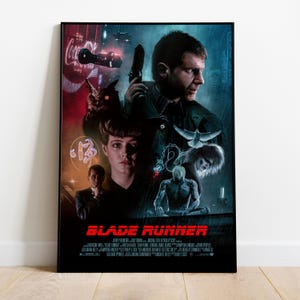 May include: A framed Blade Runner film poster. The artwork features a collage of characters and scenes, with the title in red. The colour scheme includes blues, reds, and oranges, creating a futuristic aesthetic.