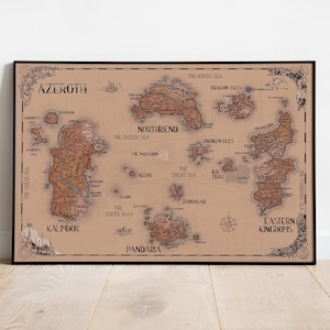 May include: A framed map of Azeroth, featuring detailed illustrations of continents, islands, and seas. The map is in shades of brown and tan, with text labels for locations like Northrend and Kalimdor. The map is framed in a black frame.