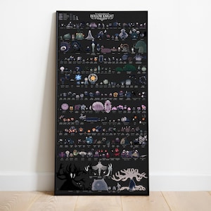 Può includere: Un poster nero incorniciato con numerose illustrazioni di personaggi del videogioco "Hollow Knight". Il titolo "Hollow Knight" è in alto. Le illustrazioni sono di vari colori e dimensioni, su sfondo nero.