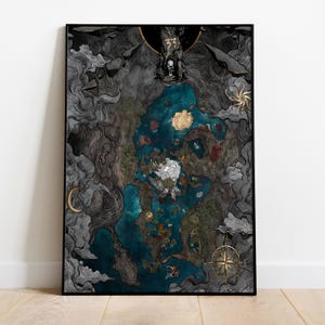 May include: A framed fantasy map print with a detailed, illustrated world. The map features a central body of water, landmasses, and intricate details in shades of gray, blue, and gold. The text "33" is visible at the top.