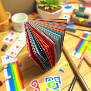 May include: A vibrant notebook with pages in a spectrum of colours, including red, orange, yellow, blue, and green. The notebook is open on a wooden surface, surrounded by art supplies and a small plant. The pages are fanned out, displaying the colour range.