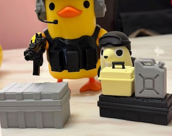 Tactical Duck and Supply Dog Figurines - 3D Printed Gamer Desk Decor | Magnetic Gear Escape Shooter Gaming Gift
