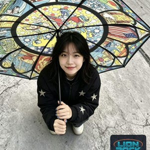Può includere: Una giacca nera con ricami a stella bianchi sulle maniche e un grande ombrello caratterizzato da un motivo a vetrate colorate con varie illustrazioni, tra cui un cavallo, una farfalla e una bandiera americana, tenuto sopra la testa.