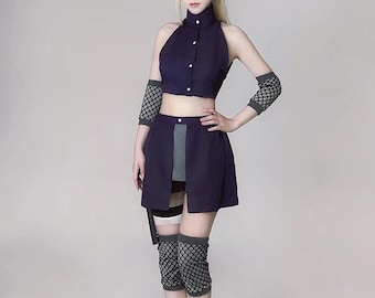 Lila Kunoichi-Cosplay-Kostüm, ärmelloses Crop-Top, Stufenrock, Arm- und Beinstulpen aus Mesh, Anime-Ninja-Outfit, Kinder- und US-Größen