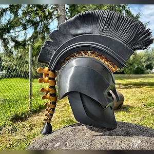 May include: A matte black helmet featuring a large, textured black crest and a gold-coloured spinal column structure extending down the back. The helmet has a smooth, curved surface with a distinct nose guard and eye openings, showcasing a dark aesthetic.