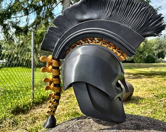 Agamemnon Greek Warrior Helmet - Wearable Corinthian Cosplay Mask with Black Crest & Gold Spine - 3D Printed Trojan Armor Prop