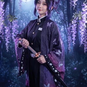 Anime Fjärilsvärdskvinna Cosplay-dräkt komplett set - Gradient Wing Haori, Mörk Uniform, Benlindor, Fjärilshårnål och Peruk ingår