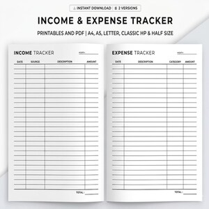 Peut inclure: Un cahier blanc ouvert avec le texte "INCOME & EXPENSE TRACKER" en haut. La page de gauche est intitulée "INCOME TRACKER" avec des colonnes pour la date, la source, la description et le montant. La page de droite est intitulée "EXPENSE TRACKER".