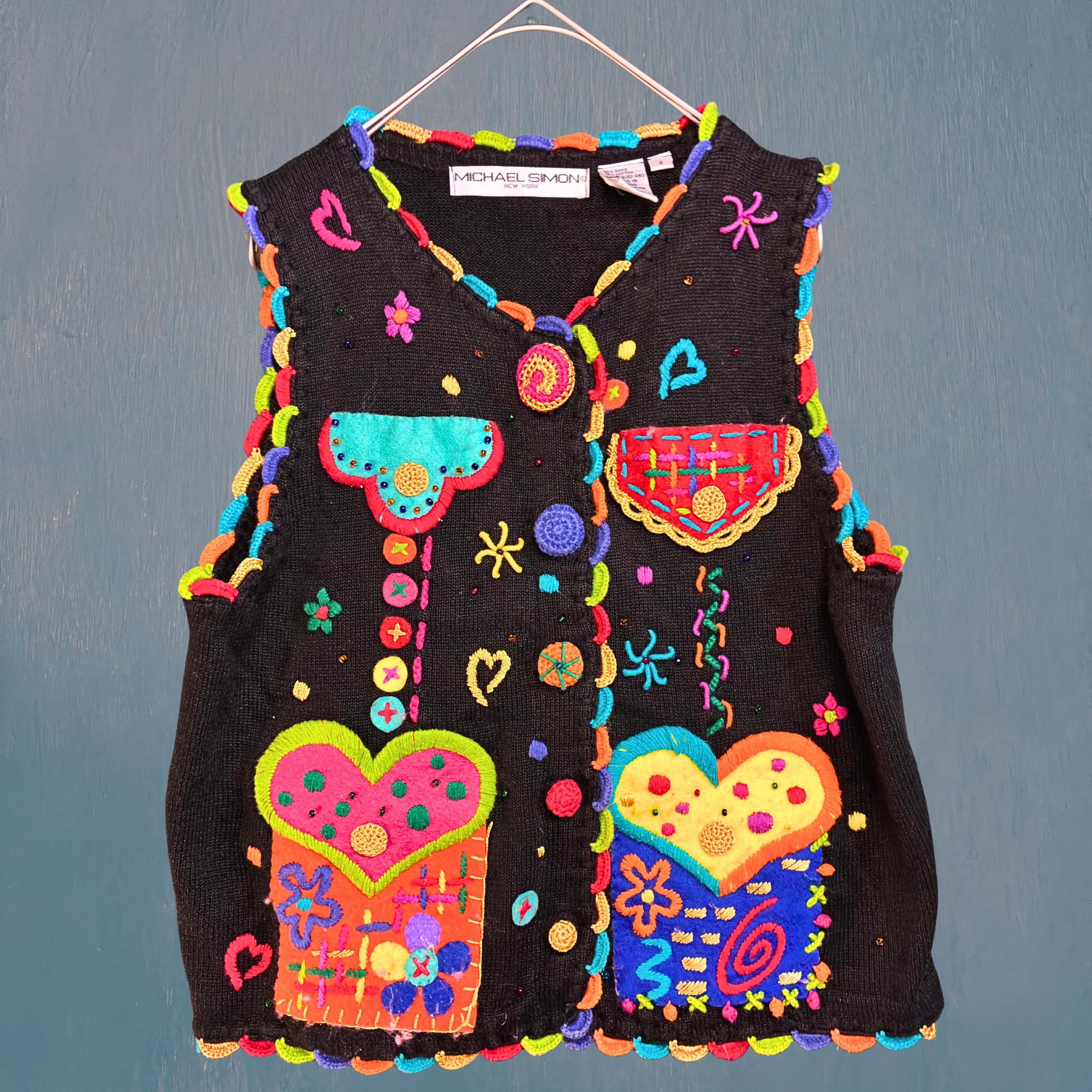 【マイケルサイモン】Michael Simon 蝶モチーフ　ビーズ刺繍 希少✨michael simon 立体蝶花ビーズ刺繍総柄前開きニットカーデ