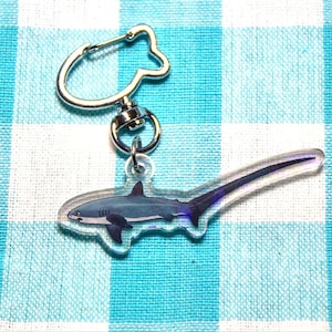 May include: A clear acrylic keychain featuring a blue and white thresher shark illustration with a long tail. The shark charm is attached to a silver-colored metal swivel clasp shaped like a fish outline, providing a secure way to attach the item.
