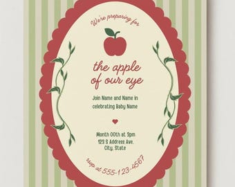 May include: Baby shower invitation with a red scalloped oval frame on a striped background. The text reads "We're preparing for the apple of our eye" with details for the event. A red apple graphic is at the top.