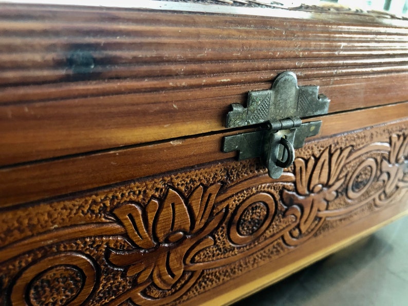 Hand-carved Wood Box Decoupage Cabin in Forest Scene Curio Box with Etched Floral Mirror with Fabric Lined Interior