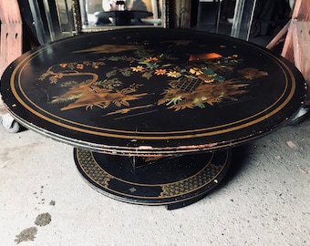 Vintage 60s Hand-painted Black Colorful Asian Scene Lacquer Pedestal Coffee Table
