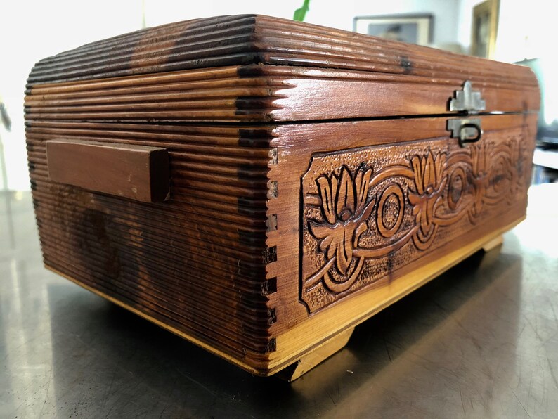 Hand-carved Wood Box Decoupage Cabin in Forest Scene Curio Box with Etched Floral Mirror with Fabric Lined Interior